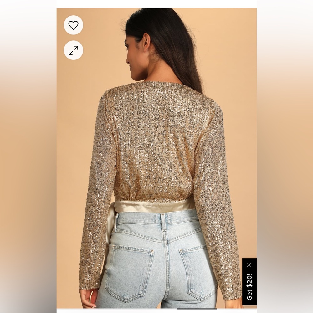 NWT Lulus She's Got It All Gold‎ Sequin Faux-Wrap Long Sleeve Crop Top - Picture 4 of 6